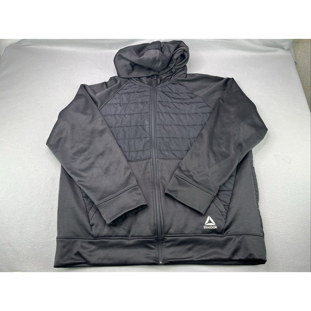 Reebok Mens Jacket Hoodie Full Zip Quilted Hybrid Black Size XL W/ Pockets